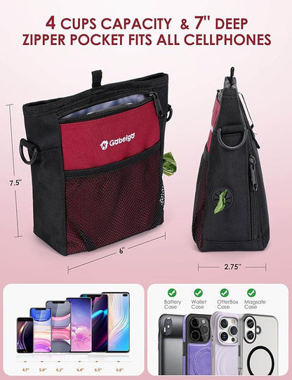 Gobeigo Dog Treat Pouch with Silicone Snack Bag, Front Pocket fits All Phones, 4 Cup Treat Bag with Training Clicker, Upgrade Stronger Magnetic Closure, 3 Ways to Wear Walking Fanny Pack (Red)