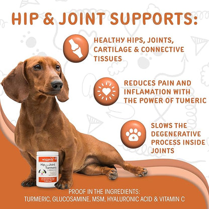 waggedy Hip and Joint Turmeric – Complete Dog Supplements for Joints with Glucosamine, MSM, HA & Omega Fatty Acids — Daily Glucosamine for Dogs to Improve Flexibility & Mobility (120 Dog Chews)