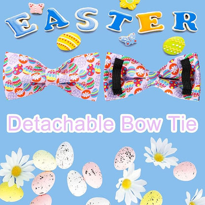 Easter Collar with Bow Tie, Cotton Bowtie Collar for Large Dogs, Colorful Eggs Collar with Metal Buckle, Easter Day Gift, XL, 16-26in Neck