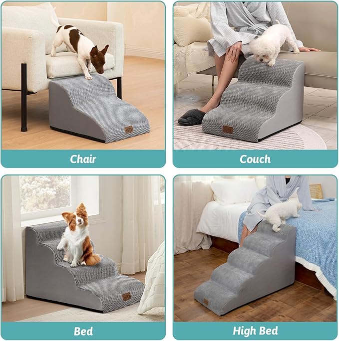 Dog Stairs for Small Dogs 15.7" H, Curved Dog Step for Puppy, Older Cat, Medium Pet Ramp for Sofa, Couch or Chair, Ladder with High Density Foam, 3 Step, 15.7x22.4x15.7 inch, Grey