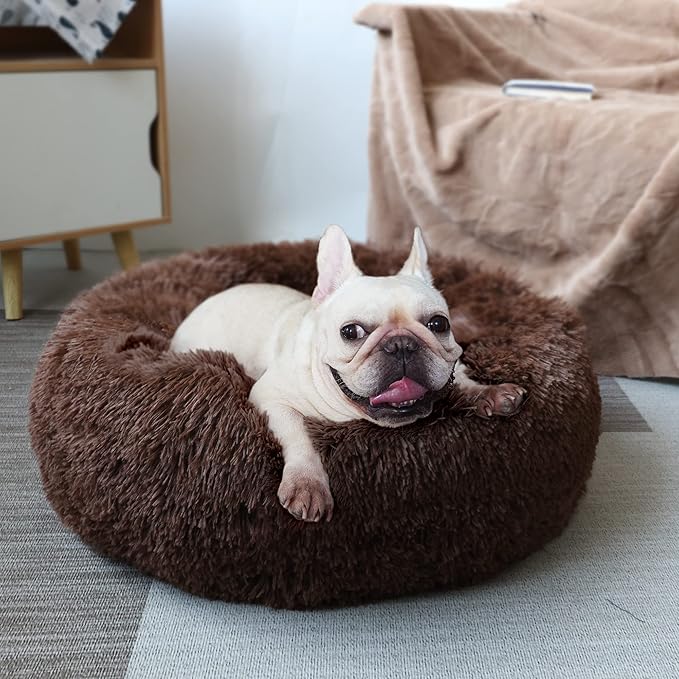 Calming Donut Dogs Beds for Small Dogs Washable,23inch Plush Round Pet Bed for Cozy Sleep,Fluffy Faux Fur Large Cat Bed,Fits up to 25 lbs Pets,Chocolate Brown
