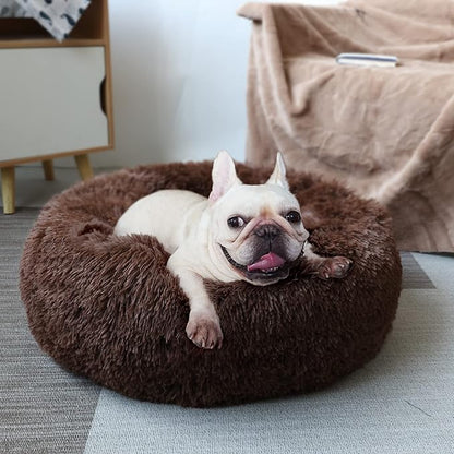 Calming Donut Dogs Beds for Small Dogs Washable,23inch Plush Round Pet Bed for Cozy Sleep,Fluffy Faux Fur Large Cat Bed,Fits up to 25 lbs Pets,Chocolate Brown