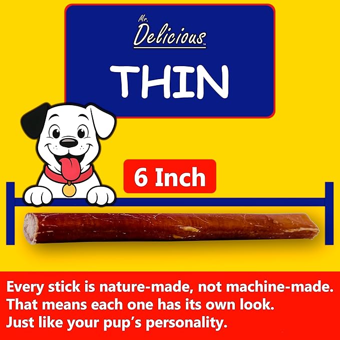 Mr. Delicious Bully Sticks for Dogs, 10 Count, 6 Inch Thin, Consistent Thickness, All Natural, Grass Fed, Rawhide-Free, Single Ingredient, Long Lasting Dog Chews