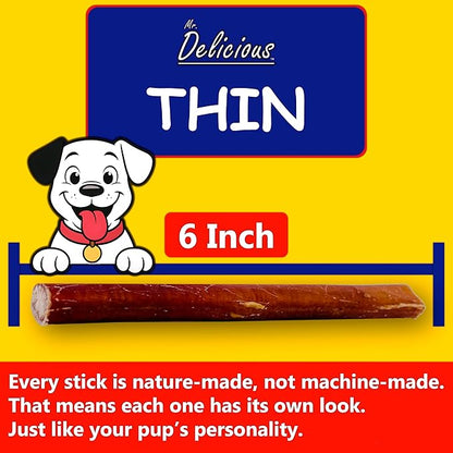 Mr. Delicious Bully Sticks for Dogs, 10 Count, 6 Inch Thin, Consistent Thickness, All Natural, Grass Fed, Rawhide-Free, Single Ingredient, Long Lasting Dog Chews