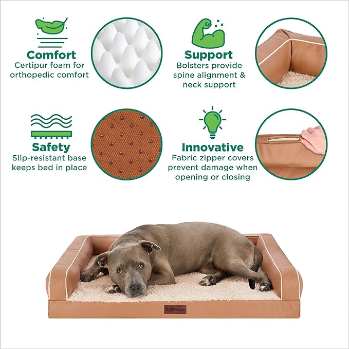 Furhaven Orthopedic Dog Sofa Bed – Memory Foam Couch with Bolsters, Textured Plush & Water-Resistant Cover, Washable Cover, Joint Support - Camel, Large