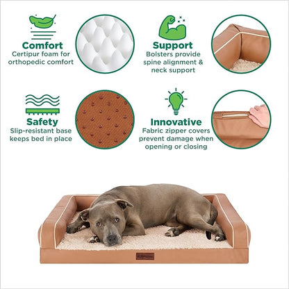 Furhaven Orthopedic Dog Sofa Bed – Memory Foam Couch with Bolsters, Textured Plush & Water-Resistant Cover, Washable Cover, Joint Support - Camel, Jumbo Plus