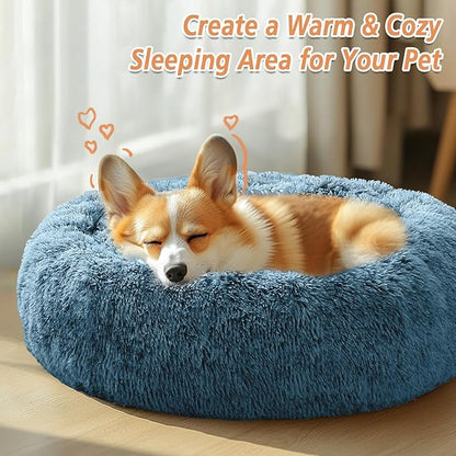 JOLLYVOGUE Calming Dog Bed Medium Size Dog, Anti-Anxiety Donut Medium Pet Bed, 27 inches Fluffy Faux Fur Round Cat Bed (Blue)