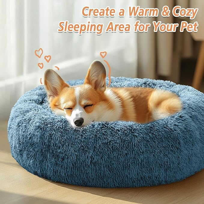 JOLLYVOGUE Calming Dog Bed Medium Size Dog, Anti-Anxiety Donut Medium Pet Bed, 31 inches Fluffy Faux Fur Round Cat Bed, Fits up to 45 lbs Pets (Blue)