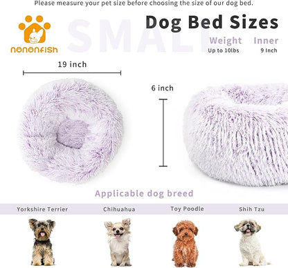 Calming Donut Dogs Beds for Small Dogs Washable,19inch Fluffy Round Puppy Bed for Puppies,Cats & Toy Breeds with Raised Rim,Fits up to 15 lbs Pets,Gradient Purple