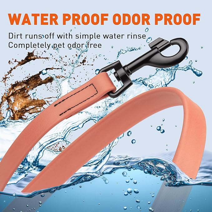 Dogline Biothane Waterproof Dog Leash Strong Coated Nylon Webbing with Black Hardware Odor-Proof Easy to Clean High Performance for Small or Large Dogs Made in USA 4 or 6 ft Lead, Coral