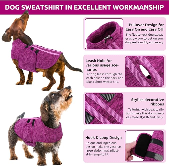 Queenmore XXL Dog Sweaters, Soft Fleece Vest Pullover Dog Jacket with Leash Hole, Warm Winter Dogs Clothes Cold Weather Doggy Dachshund Sweater for Large Dogs Cats Boy or Girl (Cationic Berry, XXL)