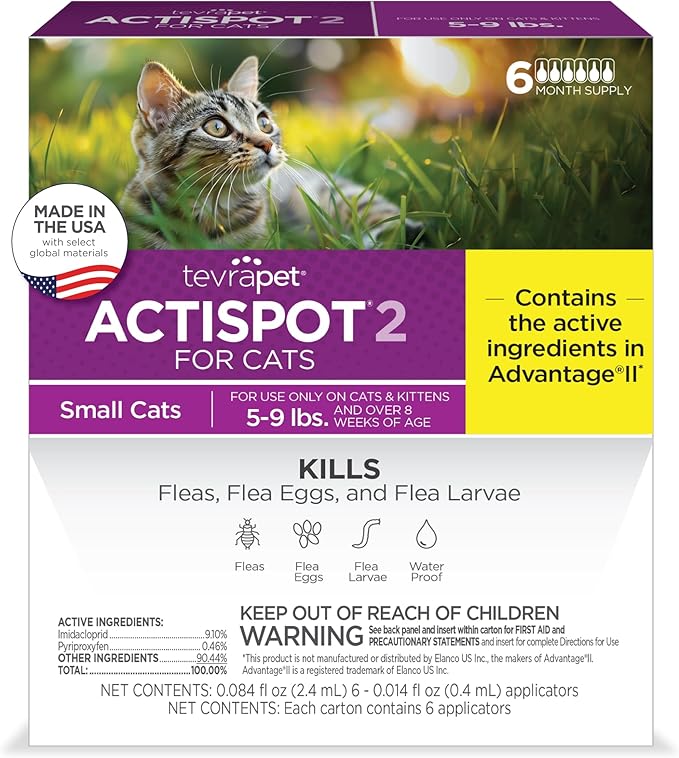TevraPet Actispot II Flea Treatment for Small and Medium Cats 5-9 lbs | 6 Doses | Powerful Prevention and Control, Clear