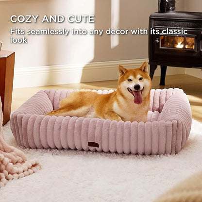 Bedsure ComfyFleece Cute Dog Bed for Large Dogs - Washable Furry Puppy Beds, Rectangle Orthopedic Corduroy Fleece Pet Beds with Removable Zipper Cover, 36x27x8inches, Blush Pink