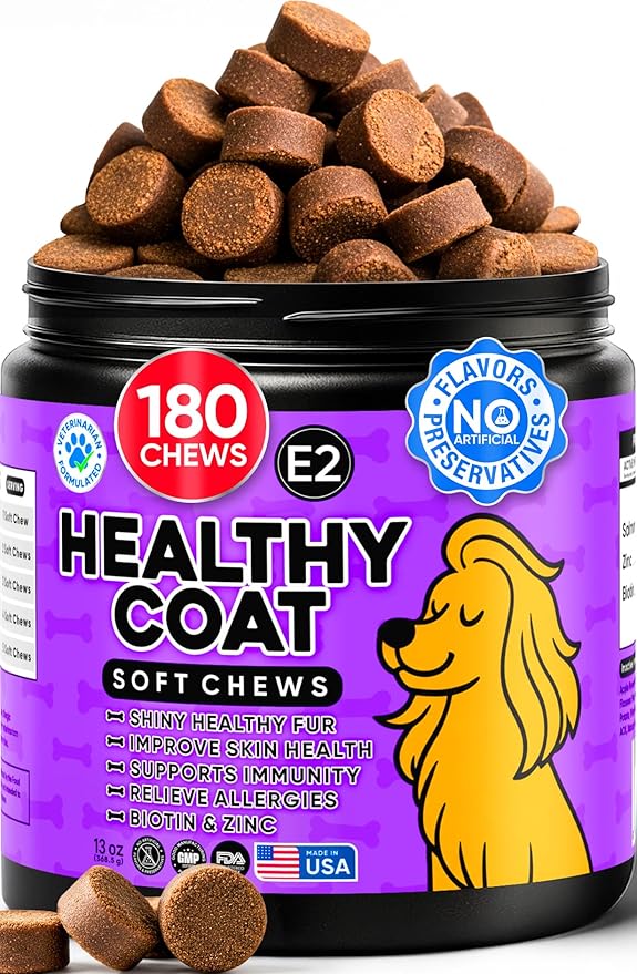 Omega 3 Fish Oil Chews for Dogs – Skin & Coat Supplement for Dog Allergy Chews- Anti Itch for Dogs - Soothes Itchy Skin & Shedding with Salmon - EPA & DHA - Chicken Flavor - 180 Chews for Daily Care