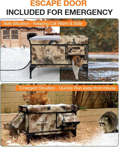Indestructible Heated Cat House for Outside Winter, 100% Waterproof, Safe Escape Door, Insulated Outdoor Cat Shelter with Heater for Feral Barn Cat Kitty (Desert Camouflage, 27"x17"x18")
