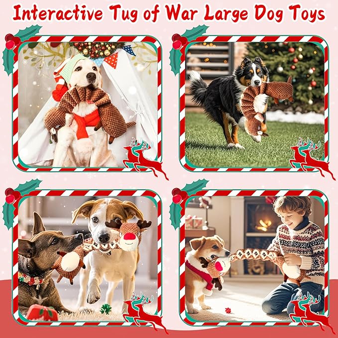 Jeefome Christmas Dog Toys for Large Dogs：Squeaky Tug of War Interactive Dog Toys with Crinkled Paper-Plush Puppy Toys Keep Them Busy