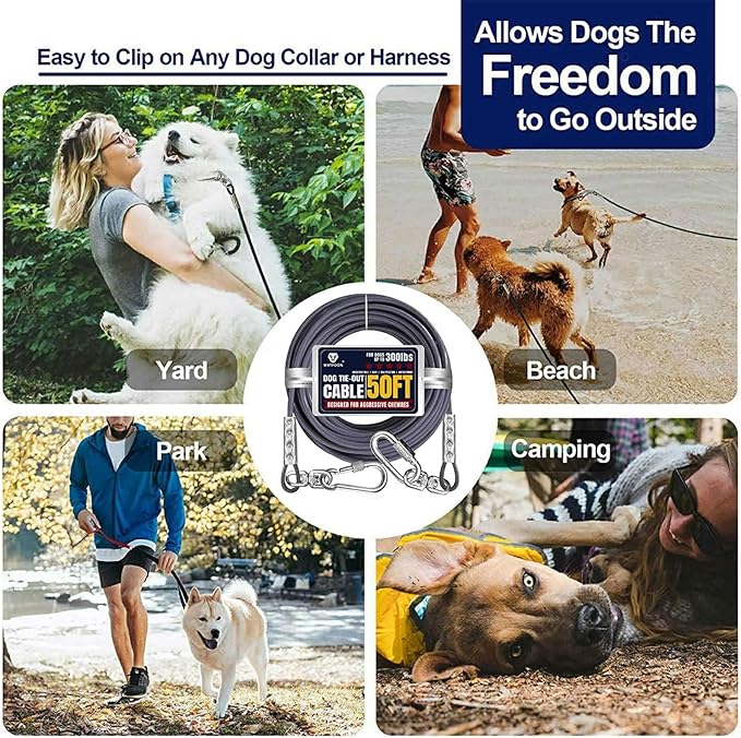 Tie Out Cable for Dogs Up to 300lbs,50ft Extra Strong 1000lbs Break Strength Tie-Out Tether Trolley Training Lead,Dog Run Cable for Yard Garden Park Camping Outside (Grey, 300lbs 50ft)