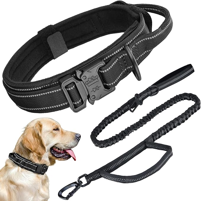 KCUCOP Heavy Duty Tactical Dog Collar and Leash Set, Military Training Nylon Reflective Collar with Handle Metal Buckle for Medium Large Dogs, Black, XL (1 Patch Included)