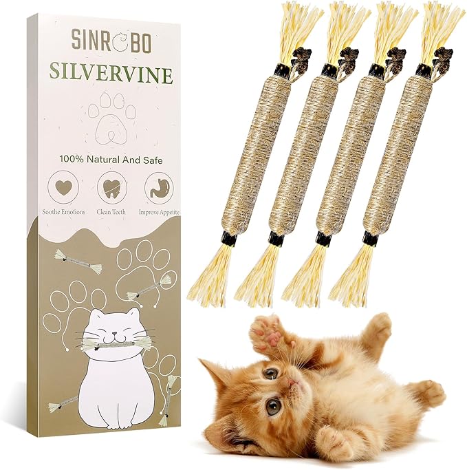 SINROBO 8 Pack Silvervine Sticks for Cats - Cat Chew Toy for Teeth Cleaning, Edible Matatabi Kitty Chew Sticks, Catnip Cat Toys for Indoor Cats (8 Sticks)