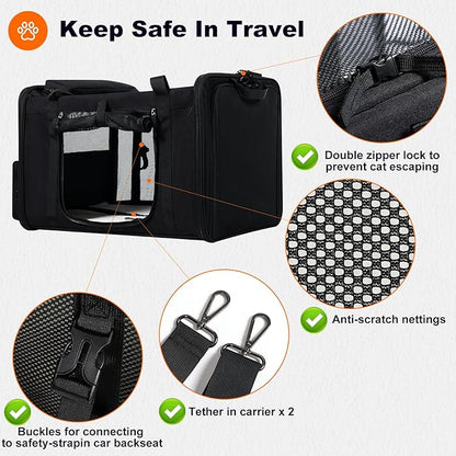 pidipiti 25''(L) x 17''(W) x 17''(H) Extra-Large Expandable cat Carrier for Long Distance car Travel,for 1 Extra-Large cat / 2 Large Cats / 3 Small-Medium Cats up to 35 lbs(Black)
