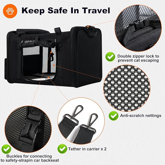 pidipiti 25''(L) x 17''(W) x 17''(H) Extra Large Expandable cat Carrier for car Travel,Soft Crate for 1 Large / 2 Medium Cats up to 35 lbs,Long Road Trip cage with a Leakproof Portable Litter Box