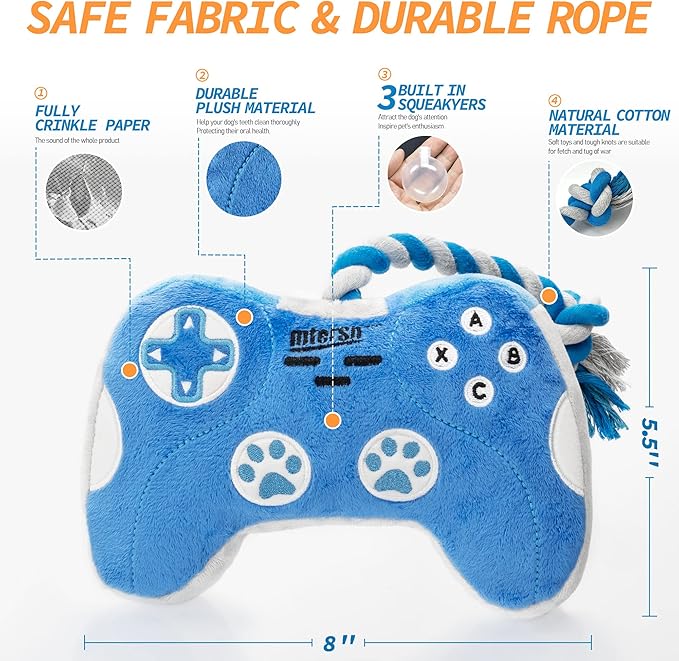 MTERSN Cute Squeaky Dog Toys : Blue Game Controller Plush Dog Toy and Funny Puppy Chew Toys with Full Crinkle Paper - Cool Pet Birthday Toys for Small, Medium and Large Dogs