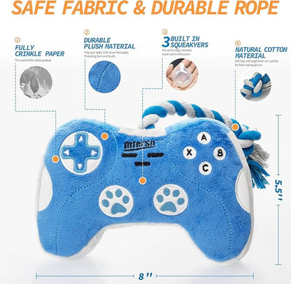 MTERSN Cute Squeaky Dog Toys : Blue Game Controller Plush Dog Toy and Funny Puppy Chew Toys with Full Crinkle Paper - Cool Pet Birthday Toys for Small, Medium and Large Dogs