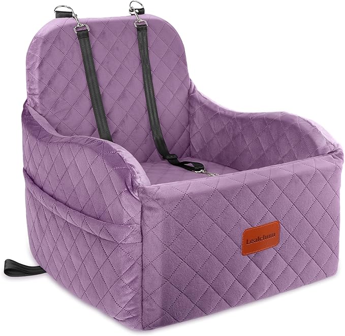 Lealchum Dog Booster Car Seat for Small/Medium Dogs,Puppy Portable Car Bed with Elevated Cushion,Fully Detachable and Washable,2 Storage Pockets,Easy to Install (Purple, Medium)