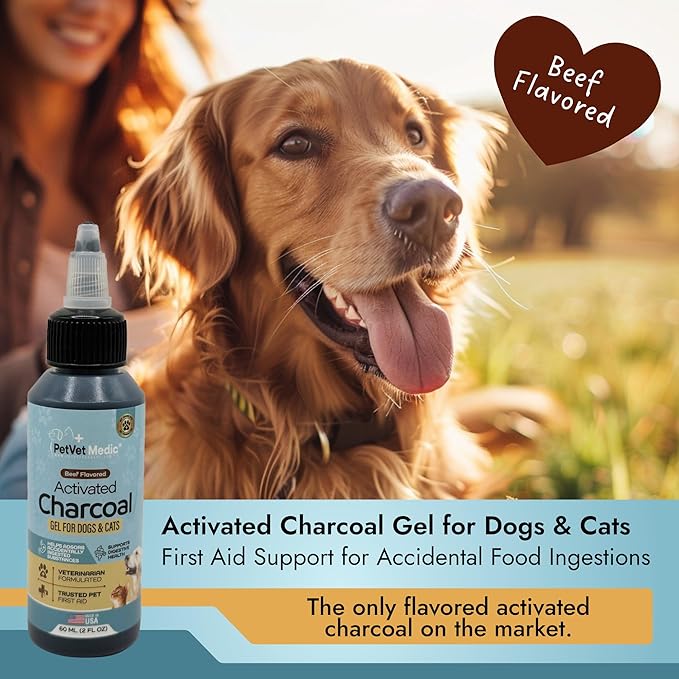 Pet Vet Flavored Activated Charcoal Gel for Dogs & Cats (60ml Bottle), Dog First Aid Activated Charcoal, Absorbs Toxins, Supports Poisoning, Diarrhea & Gas Relief, Emergency Pet Dog Supplies (Beef)