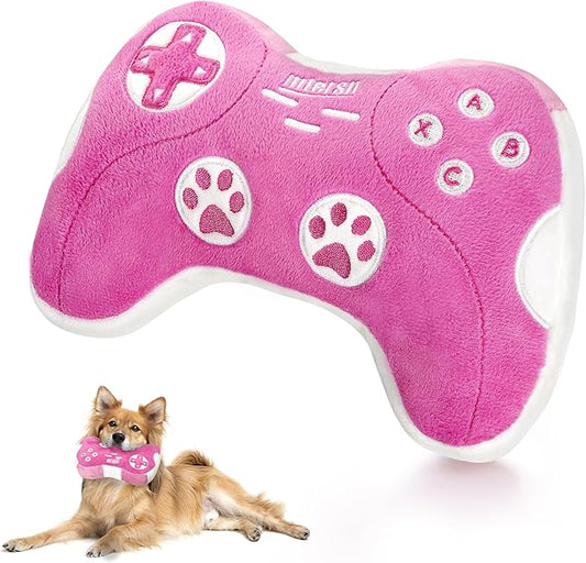 MTERSN Funny Squeaky Dog Toys for Small Dogs – Game Controller Plush Chew Toy with Full Crinkle Paper, Cute Interactive Puppy Toys for Playtime and Birthday Gift (Pink)