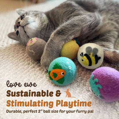 Hustle & Blush Love Ewe Felted Cat Toys 3 Pack - 2 Inch Flower & Bee Hand Made Cute & Fun Design Kitten Wool Felt Balls for Indoor Play & Exercise - 100% New Zealand Handmade Felted Balls