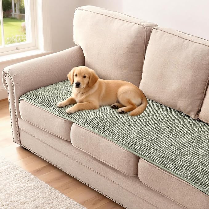 H.VERSAILTEX Plush Chenille Couch Cover for 3 Cushion Couch Anti Slip Washable Sofa Slipcovers Soft and Durable Furniture Protector for Dogs Cats Kids (27.5" x 59", Sea Foam)