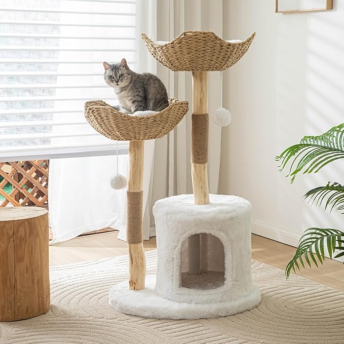 PISARRY Cat Tree Tower, 46 inch Modern Cat Tree for Indoor Cats Large Adult, Luxury Cat Condo with Scratching Post, Real Solid Wood Branch Indoor Boho Furniture, Climbing Tower, White