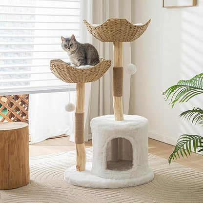 PISARRY Cat Tree Tower, 46 inch Modern Cat Tree for Indoor Cats Large Adult, Luxury Cat Condo with Scratching Post, Real Solid Wood Branch Indoor Boho Furniture, Climbing Tower, White