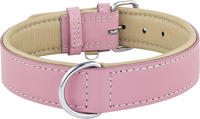 Riparo Genuine Leather Pink Dog Collar Heavy Duty K-9 Adjustable Dog Collar (L: 1.5" Wide for 17"-21" Neck, Pink)