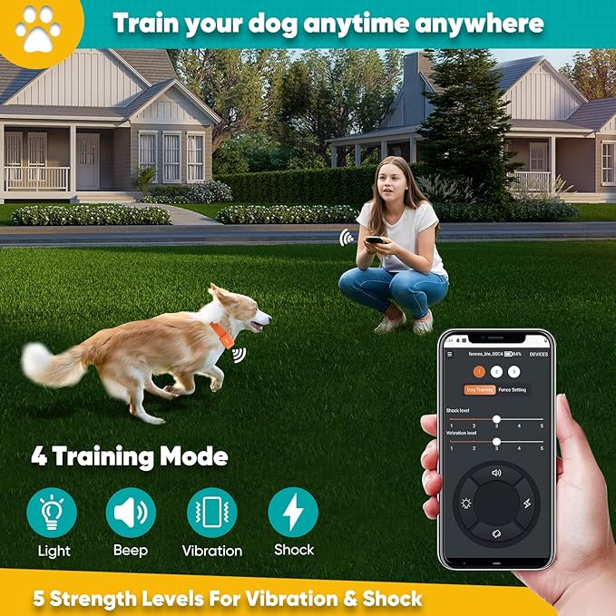 GPS Wireless Dog Fence with Free App, Electric Fence System with Training Collar, Portable Fence for Outdoor Use, Rechargeable Waterproof Flexiable Collar, Adjustable for Large Medium Dogs (Orange)