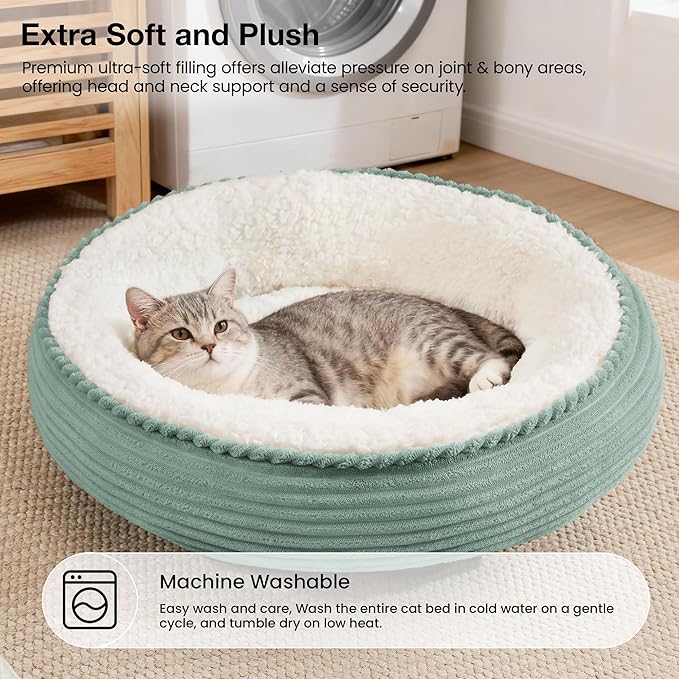 Love's cabin Round Donut Cat and Dog Cushion Bed, 20in Pet Bed for Cats or Small Dogs, Anti-Slip & Water-Resistant Bottom, Super Soft Durable Fabric Pet beds, Washable Luxury Bed Apple Green Stripe