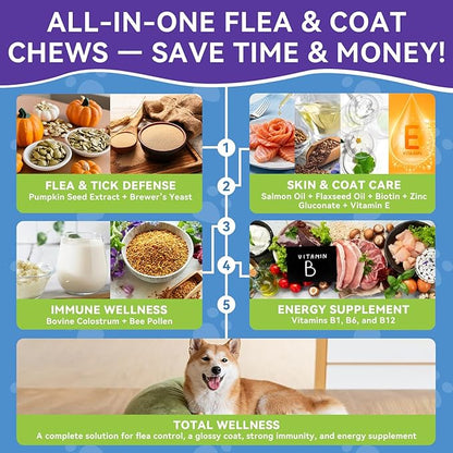 Flea and Tick Prevention for Dogs, Dog Flea Treatment with Skin & Coat Support 500 Crunchy & Krill Chews Dog Flea and Tick Treatment Chewable for Immunity & Energy for All Breeds & Ages Chicken Flavor