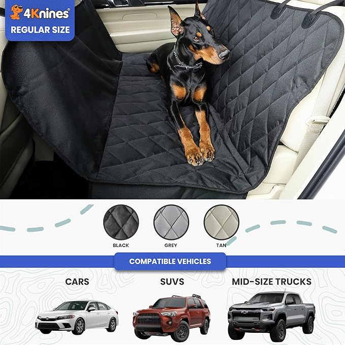 4Knines Dog Backseat Cover with Hammock for Cars, SUVs, and Trucks – Waterproof Layers, Nonslip Seat Protector, Durable Nylon Clips, K9 Shield with Heavy Duty Thread, (Regular, Tan)