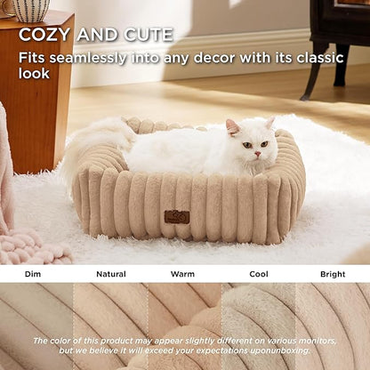 Bedsure ComfyFleece Cute Dog Bed for Small Dogs & Cats - Washable Furry Puppy Beds, Rectangle Orthopedic Corduroy Fleece Pet Beds with Removable Zipper Cover, 20x19x6inches, Sandy Beige