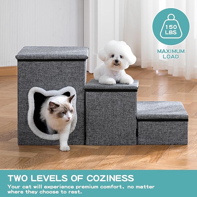 Crispedia Dog Stairs for Small Dogs, 3-Step Dog Ramp for Couch and Bed, Cat Stairs with Storage and Condo, Indoor Non-Slip Pet Stairs for Puppy, Older Cats, Arthritis-Friendly, Grey