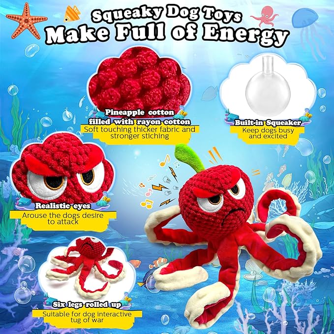 Jeefome Squeaky Dog Toys Octopus -Plush Stuffed Dog Chew Toys with Soft Fabric for Small Medium and Large Dogs,Interactive Tug of War Puppy Toys to Keep Them Busy