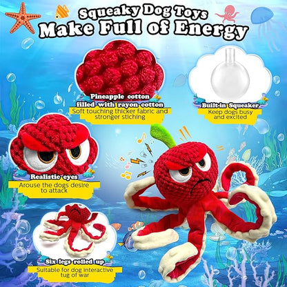 Jeefome Squeaky Dog Toys Octopus -Plush Stuffed Dog Chew Toys with Soft Fabric for Small Medium and Large Dogs,Interactive Tug of War Puppy Toys to Keep Them Busy