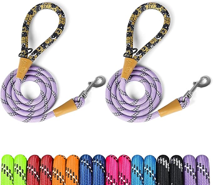lynxking Rope Dog Leash 6 FT with Comfortable Padded Handle, Highly Reflective Threads Leash for Small Medium Large Dogs (Light Purple, 2PCS Large 1/2in x 6ft-Rope Clasp)