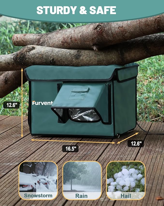 Heated Cat House for Outside with Dual Doors, Insulated Cat House Outdoor with Heating Pad, Weatherproof Heated Outdoor Cats Houses Waterrproof for Feral Cats (Deep Green, 17" L x 12" W x 13" H)