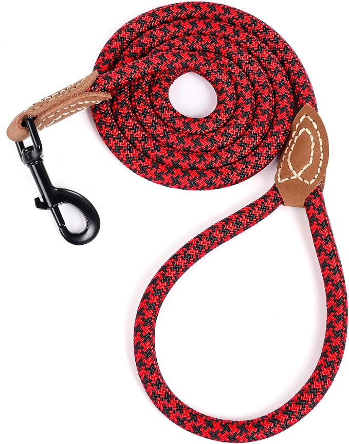Mile High Life | Mountain Climbing Dog Rope Leash with Heavy Duty Metal Sturdy Clasp | Genuine Leather Tailored Connection with Strong Stitches (Red Black, 48 Inch (Pack of 1))