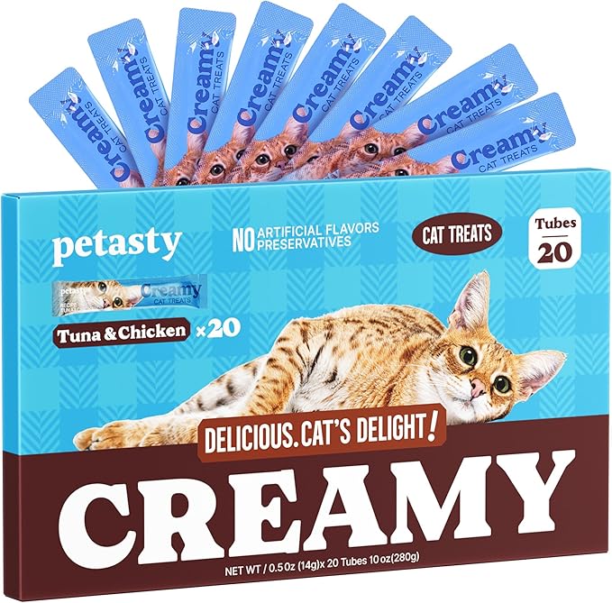 PETASTY Creamy Lickable Cat Treats, Tuna & Chicken Flavor Wet Treat Snack Tubes, Grain-Free Soft Squeezable Puree with Premium Protein Vitamin E for Daily Interactive Training Reward, 0.5oz, 20 Count