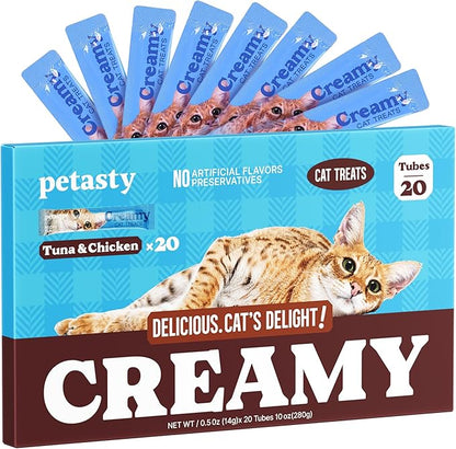 PETASTY Creamy Lickable Cat Treats, Tuna & Chicken Flavor Wet Treat Snack Tubes, Grain-Free Soft Squeezable Puree with Premium Protein Vitamin E for Daily Interactive Training Reward, 0.5oz, 20 Count