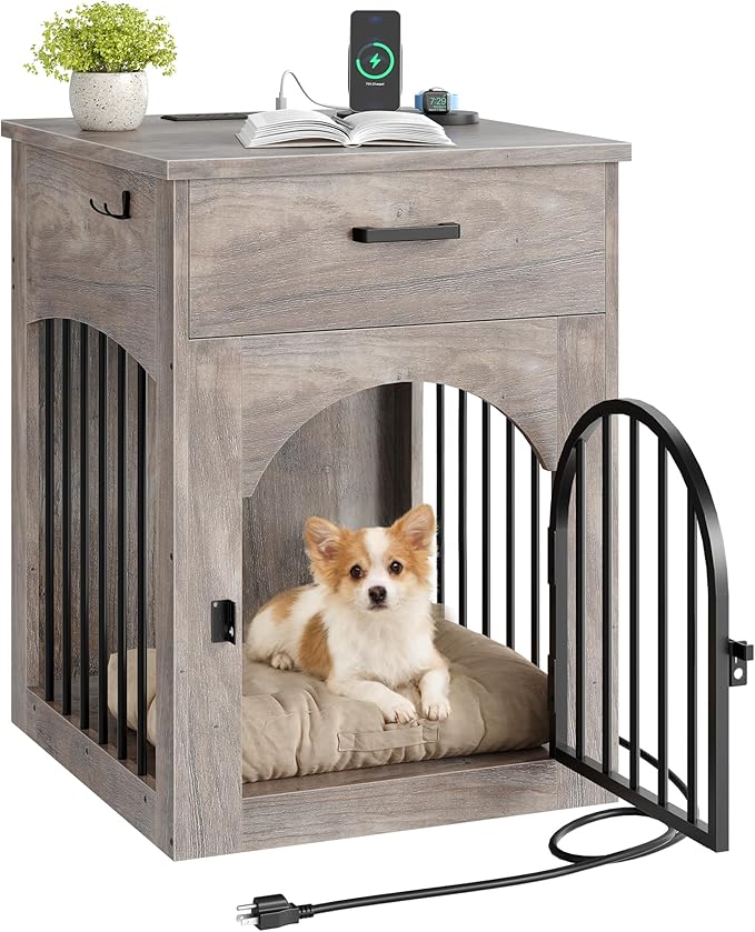CHOEZON Dog Crate Furniture, Wooden Dog House with Charging Station and Storage Drawer, Indoor Pet Crate End Table for Small Breeds, for Living Room, Bedroom, Greige MGW01UFH