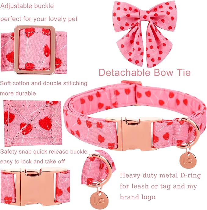 UP URARA PUP Valentine Dog Collar with Bow Tie, XL, Cotton Collar with Durable Metal Buckle, Red Heart, Neck 16-26in